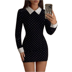 Shein ICON Y2k Fitted Black & White Polka Dot Contrast Collar "Wednesday" Mini Dress For Wome