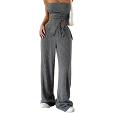 L - Slim-fit Jumpsuits & Overalls Shein Stücke Damen Sommer Outfit mit einfarbigem Crop Top mit Seitengummizug und Hose