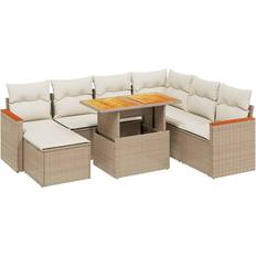 vidaXL 8-tlg Garten-Sofagarnitur mit Kissen Beige Poly Rattan Lounge-Set