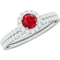 Diamond Jewelry Sets Rosec Jewels LLC, CT Created Ruby Solitaire and Moissanite Bridal Jewelry Set 14K White Gold 11.50