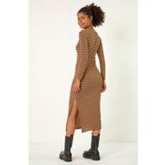 Fashion High Neck Stripe Bodycon Midi Dress - Mocha