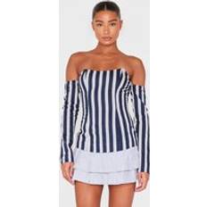 Balloon Sleeves - Short Dresses PrettyLittleThing Pinstripe Bardot Shift Dress - Blue