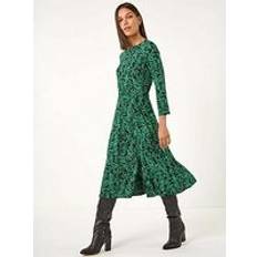 Clothing Roman Leaf Print Stretch Belted Dress - Green