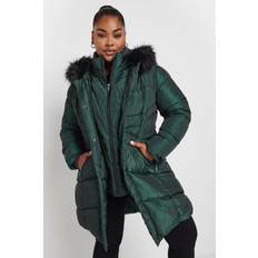 Yours Curve Faux Fur Trim Puffer Coat - Forest Green
