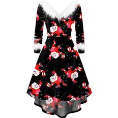 Xusheng Women's Christmas Faux Plush Long Sleeved Dress - Black