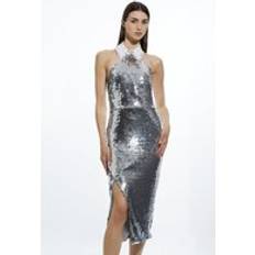 Clothing Karen Millen Tux Sequin Halter Woven Midi Dress - Silver