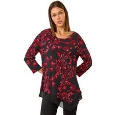 Chiffon Tops Roman Floral Print Chiffon Hem Stretch Top - Red