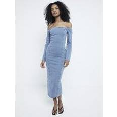 Denim - Women Dresses River Island Denim Bardot Long Sleeve Midi Dress - Blue