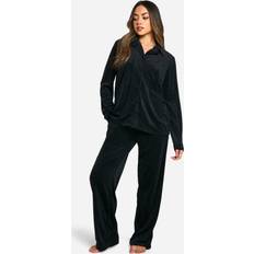 Solid Colours Pyjamas boohoo Velour Fleece Button Up Trouser Set - Black