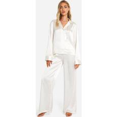 Solid Colours Pyjamas boohoo Long Sleeve Satin Trouser Pj Set - White