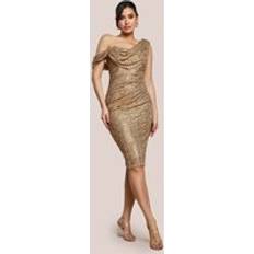 Sequin Cowl One Shoulder Midi Dress - Gold
