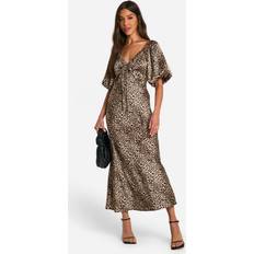 Women Dresses boohoo Womens Leopard Puff Sleeve Midaxi Dress - Brown