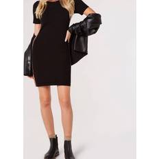 Apricot Color Sideblock Bodycon Knit Dress - Black