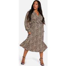 Dresses on sale boohoo Womens Plus Woven Leopard Wrap Midi Dress - Multi