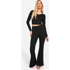 Solid Colours Pyjamas boohoo Soft Touch Button Detail Trouser Pyjama Set - Black