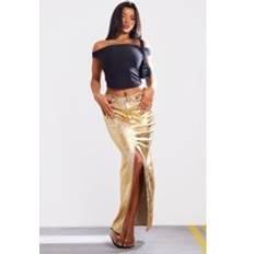 Gold Skirts PrettyLittleThing Gold Coated Split Back Maxi Skirt