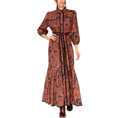 High Collar Dresses Avec Les Filles Cotton Belted Puffed Shoulder Dress - Brown