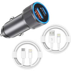 Battery in a car iPhone Car Charger with 2 Lightning Cable 38W