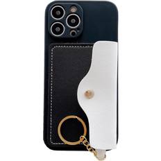 Howgari Credit Card Slot Hanging Ring Lens Protector Rugged Leather Case for iPhone 15 Pro