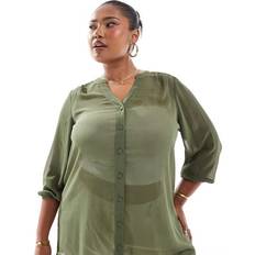 Green Blouses Yours Curve Sheer Neck Blouse - Khaki Green