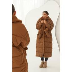 Orange - Women Coats boohoo Teddy Trim Puffer Coat With Mittens - Orange