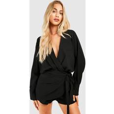 Boohoo Jumpsuits & Overalls boohoo Linen Look Wrap Romper - Black
