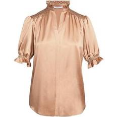 Bronze - Women Blouses Santorelli Ruffled Stretch Silk Blouse - Bronze