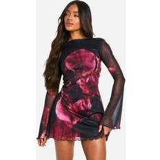 Women Dresses boohoo Blur Floral Mesh Flare Sleeve Mini Dress - Black