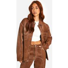 boohoo Contrast Trim Vintage Look Faux Leather Jacket - Brown