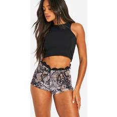 boohoo Snake Print Mesh Ruched Lace Trim Booty Short - Snake