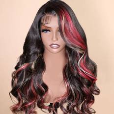 Red hair color Klaiyi Multi Color Highlights 13x4 Lace Front Blonde And Red Body Wave Wigs Human Hair