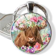 Pink Keychains Dinamr Cow Highland Rose Gemstone Keychain - Zinc Alloy