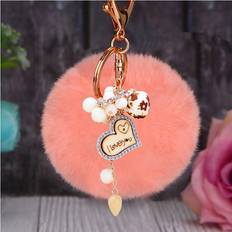 Pink Keychains Dinamr Elegant Heart Keychain With Colorful Fluffy Pom Poms - Korean Pink