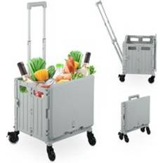 foldable shopping trolley, shopping basket with swivel wheels, lid & telescopic handle, holds 35 kg, grey
