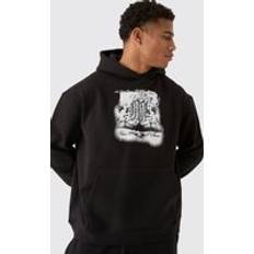 Blomstrede - Herre Sweatere boohooMAN Oversized Zip Through Monochrome Floral Print Hoodie - Black