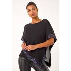 Purple Blouses Roman Sequin Hem Overlay Stretch Top - Purple