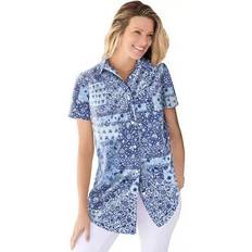 Paisley Shirts Woman Within Plus Size Perfect Short Sleeve Shirt - French Blue Patched Paisley