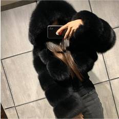 Xcsgsra Women Faux Shaggy Jacket Winter Coat - Black