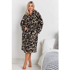 Black - Women Robes Yours Curve Leopard Print Shawl Collar Dressing Gown - Black