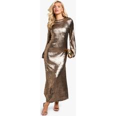boohoo Womens Metallic Shoulder Pad Side Split Dress - Brown