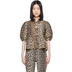 Leopard - Women Tops Ganni Leopard Tie Front Cotton Peplum Blouse - Brown