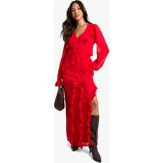 boohoo Ruffle Long Sleeve Chiffon Maxi Dress - Red