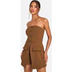 Brown Jumpsuits & Overalls boohoo Bandeau Button Detail Romper - Brown