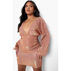 Bronze - Short Dresses boohoo Plus Glitter Puff Sleeve Mini Dress - Bronze