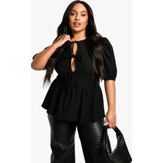 L Blouses boohoo Womens Plus Crinkle Tie Front Puff Sleeve Smock Top - Black