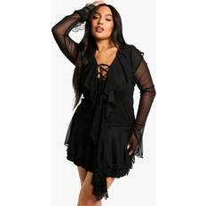 boohoo Plus Mesh Ruffle Lace Up Skater Dress - Black