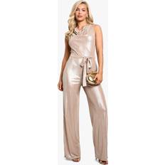 Gold - Women Jumpsuits & Overalls boohoo Womens Metallic Foil Cowl Neck Jumpsuit - Gold