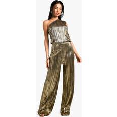 Gold - Women Jumpsuits & Overalls boohoo Womens Metallic Plisse Asymmetric Jumpsuit - Gold
