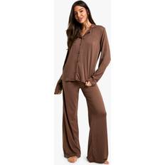 Brown Pyjamas boohoo Soft Touch Long Sleeve Pyjama Set - Brown