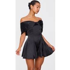 PrettyLittleThing Premium Satin Extreme Bow Detail Playsuit - Black